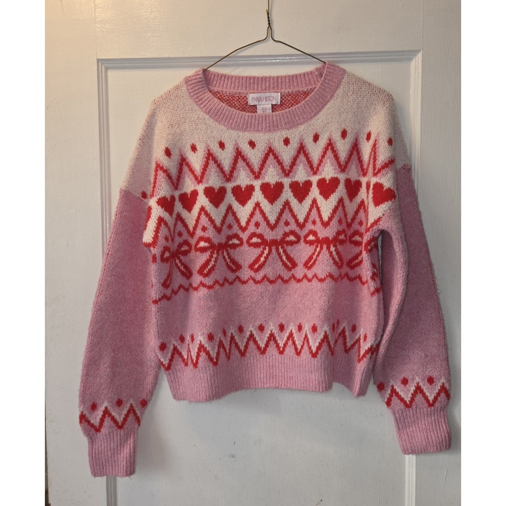 Paris Hilton Pink Heart Bows Long Sleeve Women's Sweater Small